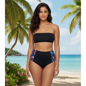 Venus Black Floral Print Maximum Shaping High-Waist Swim Bikini Bottom Size 18